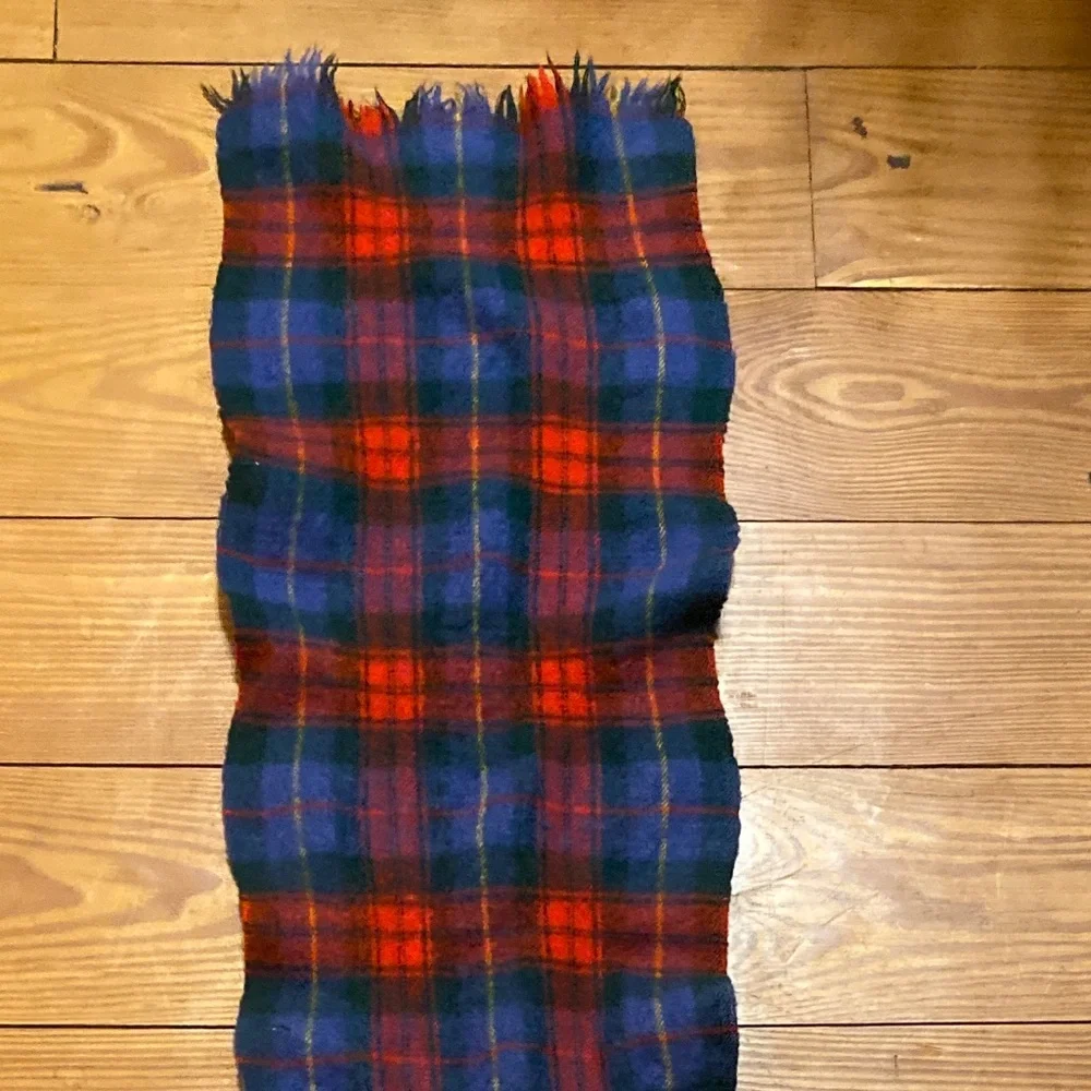 Wool Tartan Plaid Scarf Red and Blue Fringe